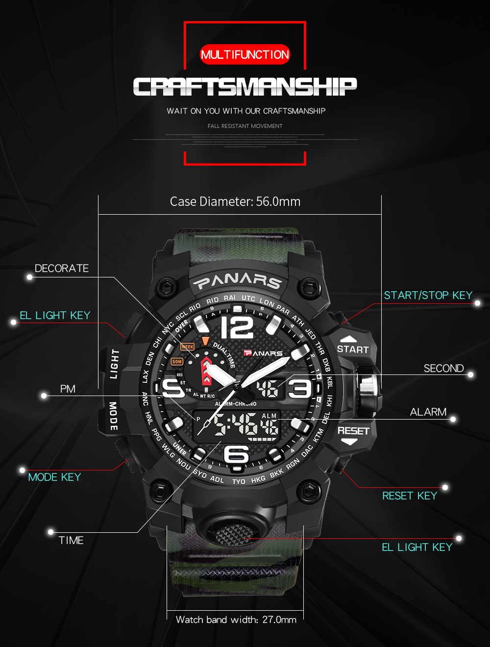 Quartz Movement Multi-Functional Dual Time Sports Watch - 8202