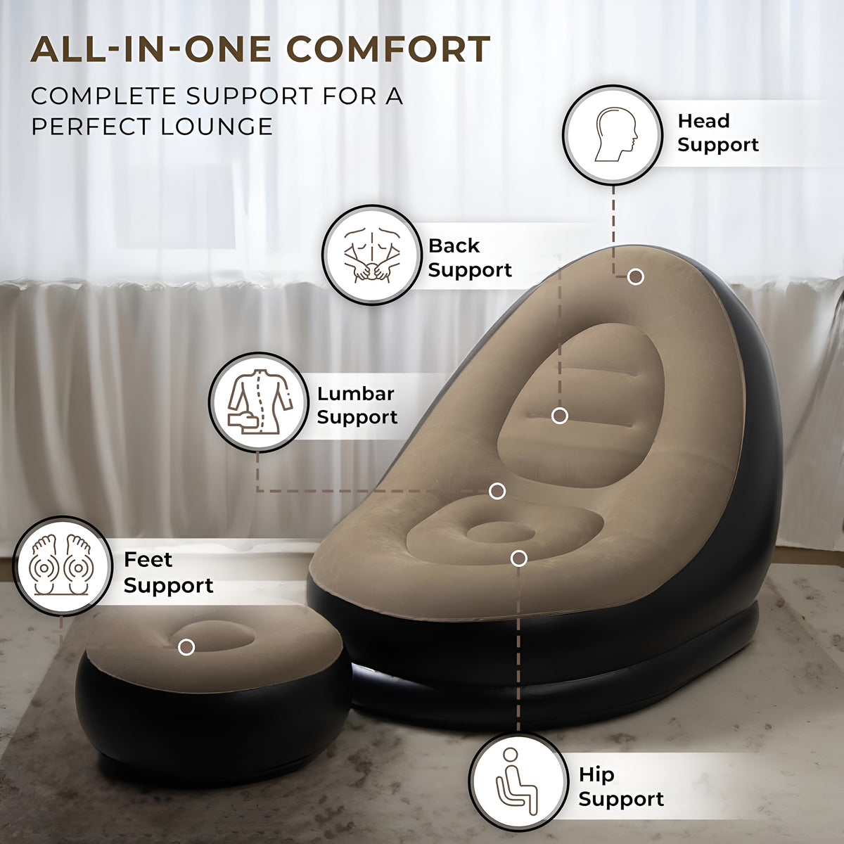 hala Inflatable Lounge Sofa Series. PVC 2 Seater Inflatable Sofa (Color - Black & Beige, DIY(Do-It-Yourself)