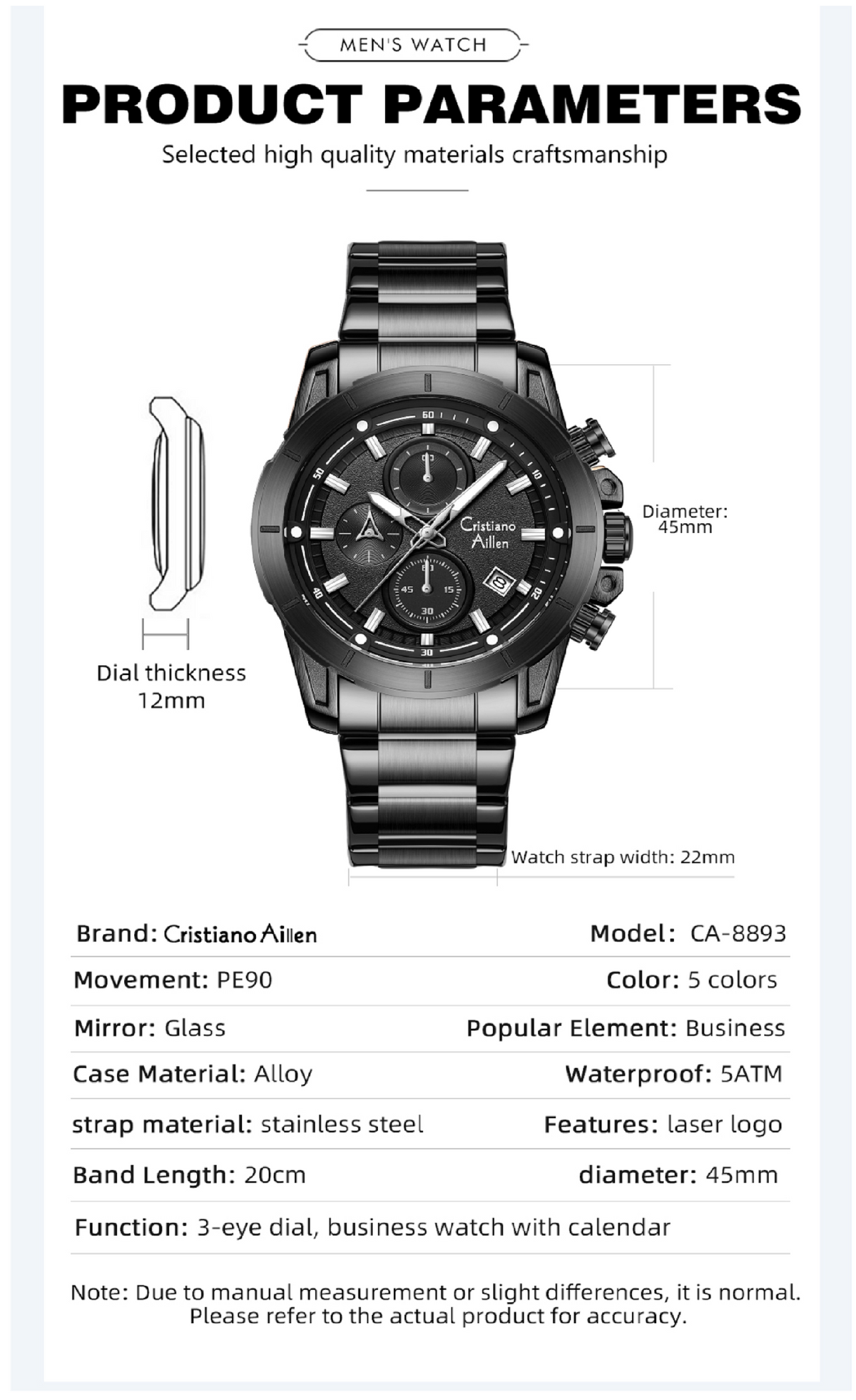 Multifunction Analog Black Sub-Dials & Date Watch Men - 8893