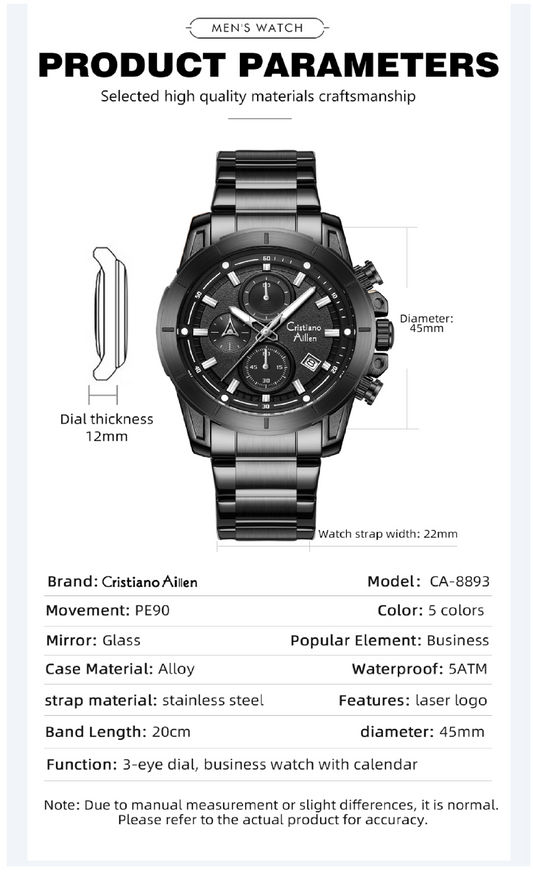 Multifunction Analog Black Sub-Dials & Date Watch Men - 8893